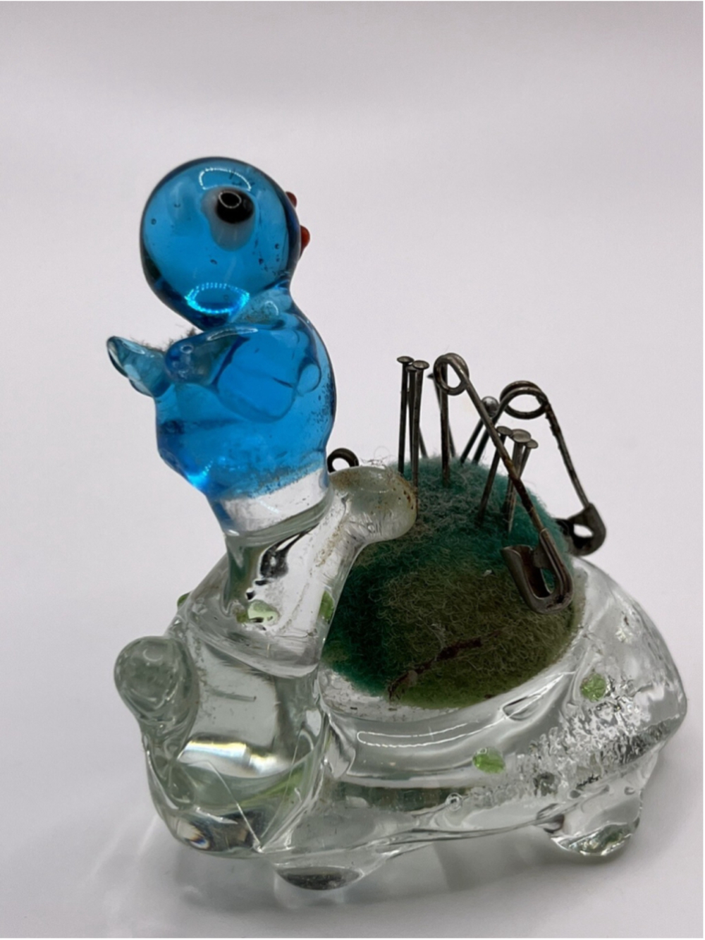 Vintage Blown Glass Cute Bird Nest Pin Cushion Sewing Decorative Blue Bird RARE
